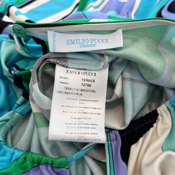 EMILIO PUCCI BLUE MULTI SILK FAUX WRAP ENAMEL BUCKLE DRESS MODEL 72RH25 SIZE IT - Picture 16 of 17